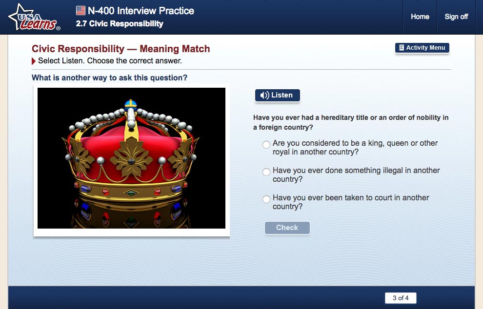 screenshot from Civic Responsibility lesson in N-400 Interview Practice unit of USA Learns Citizenship course