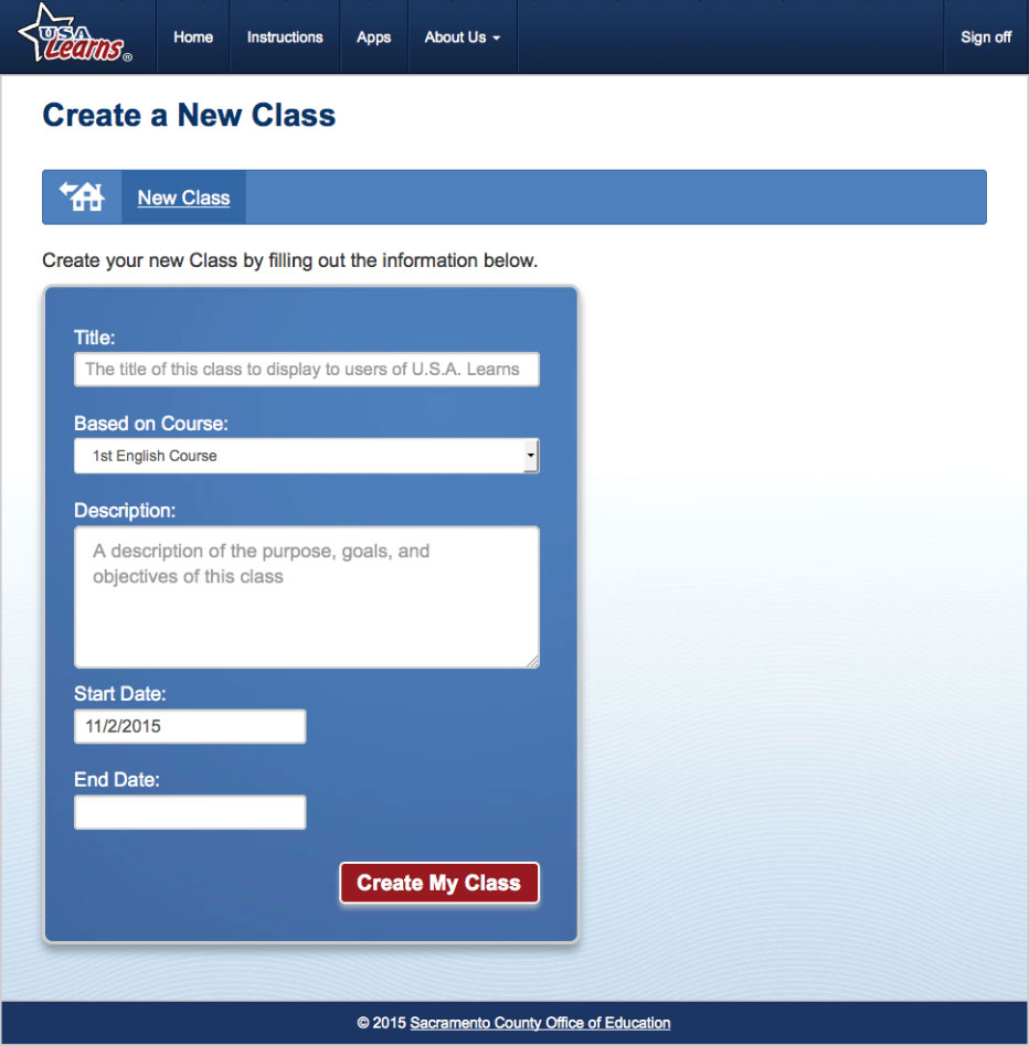 Screengrab of Create Class page